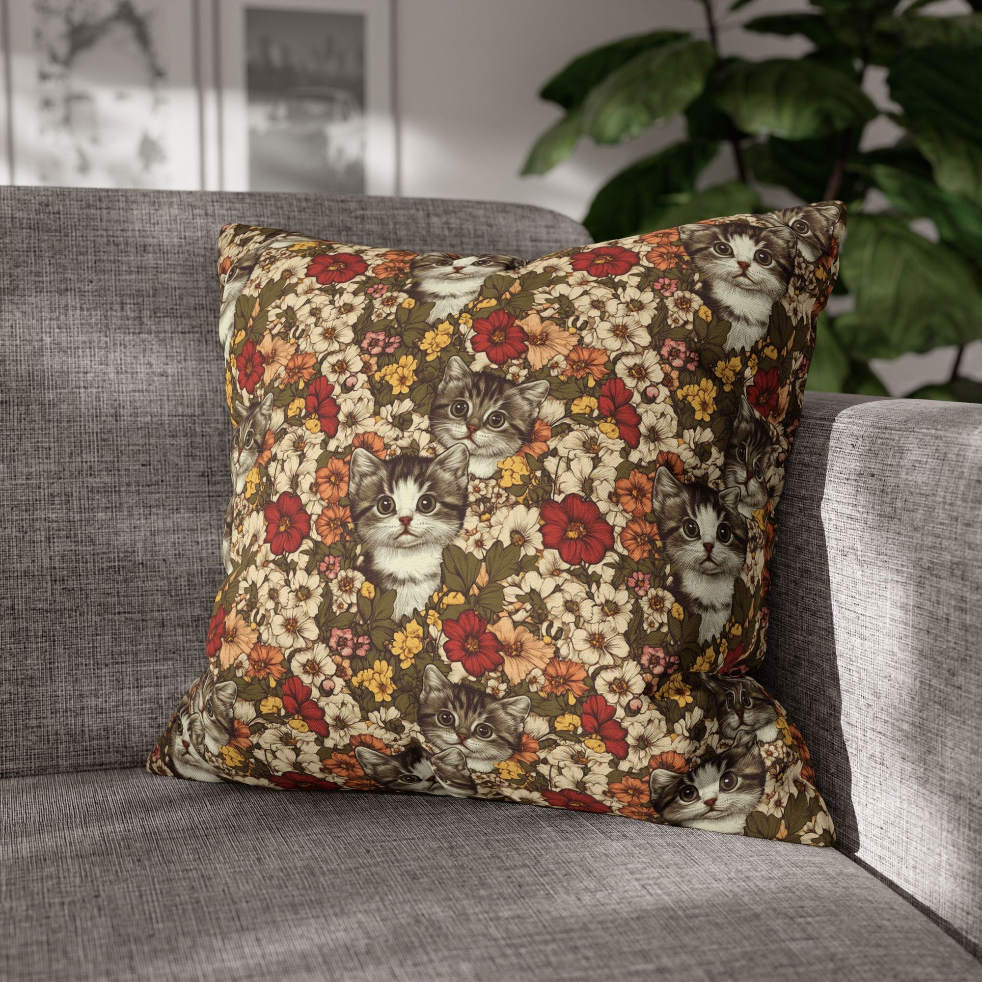 Square Pillowcase - Grey Tabby Kittens in a Garden of Red, Peach, and Yellow Flowers, Soft Vintage Style