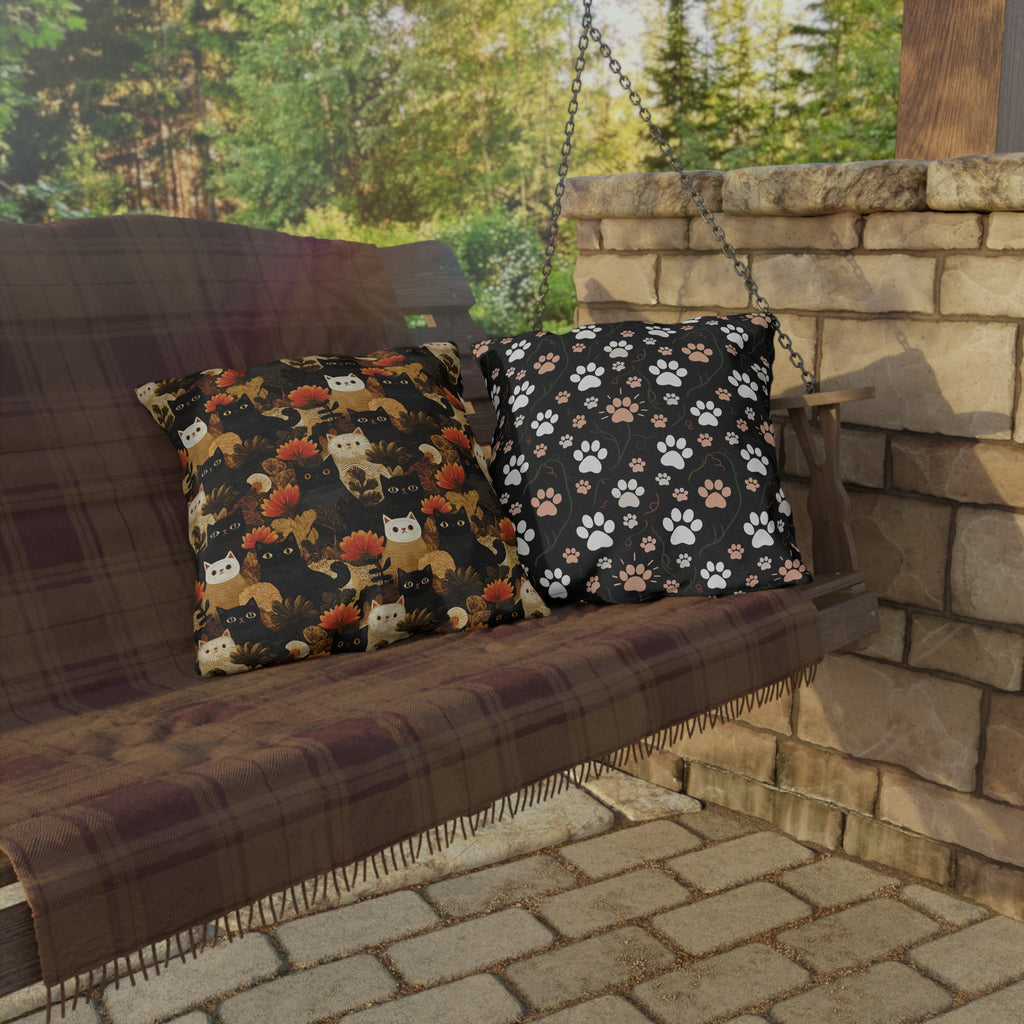 Outdoor Pillow - A dark and fantastical illustrative painting of many different cats and plants, creating a dense, mysterious, and golden jungle or forest scene.