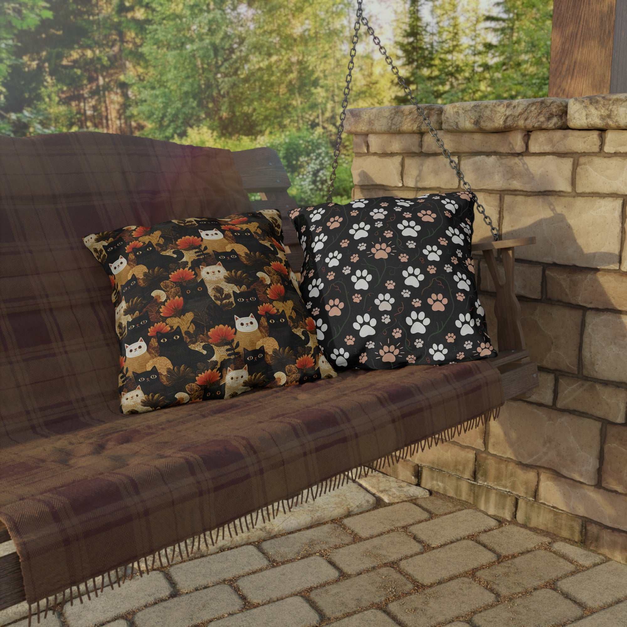 Outdoor Pillow - A dark and fantastical illustrative painting of many different cats and plants, creating a dense, mysterious, and golden jungle or forest scene.