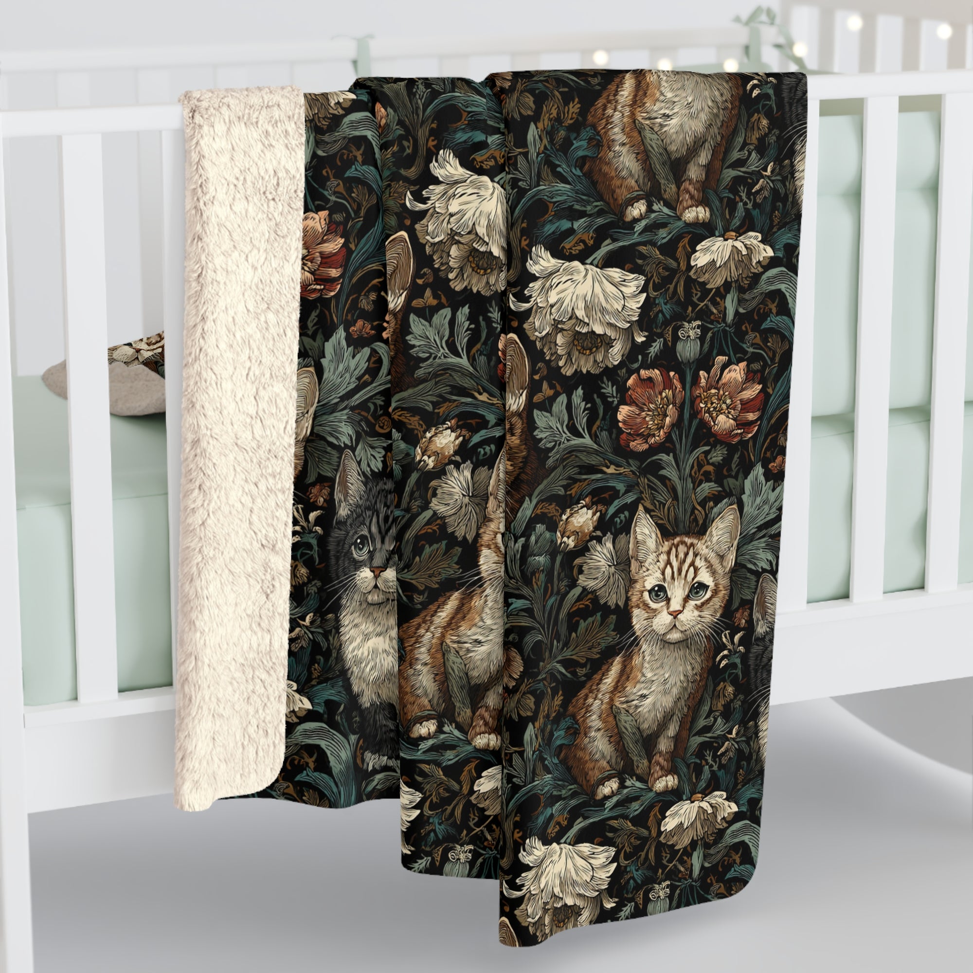 Sherpa Blanket - Brown Tabby Kittens Among Dark Green and Peach Floral Vines, Moody Vintage Style