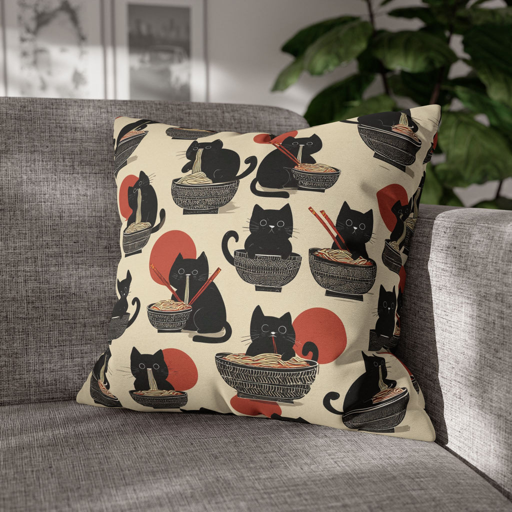 Square Pillowcase - A whimsical and delightful hand-drawn style pattern of adorable black cats eating bowls of delicious ramen noodles with a large red sun in the background.