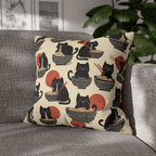Square Pillowcase - A whimsical and delightful hand-drawn style pattern of adorable black cats eating bowls of delicious ramen noodles with a large red sun in the background.