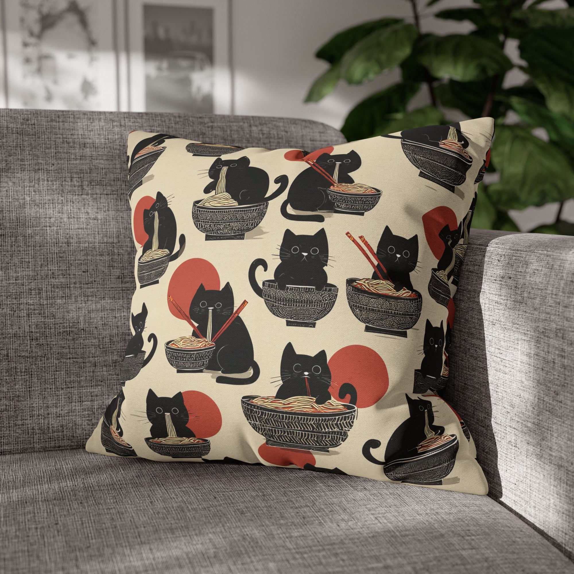 Square Pillowcase - A whimsical and delightful hand-drawn style pattern of adorable black cats eating bowls of delicious ramen noodles with a large red sun in the background.