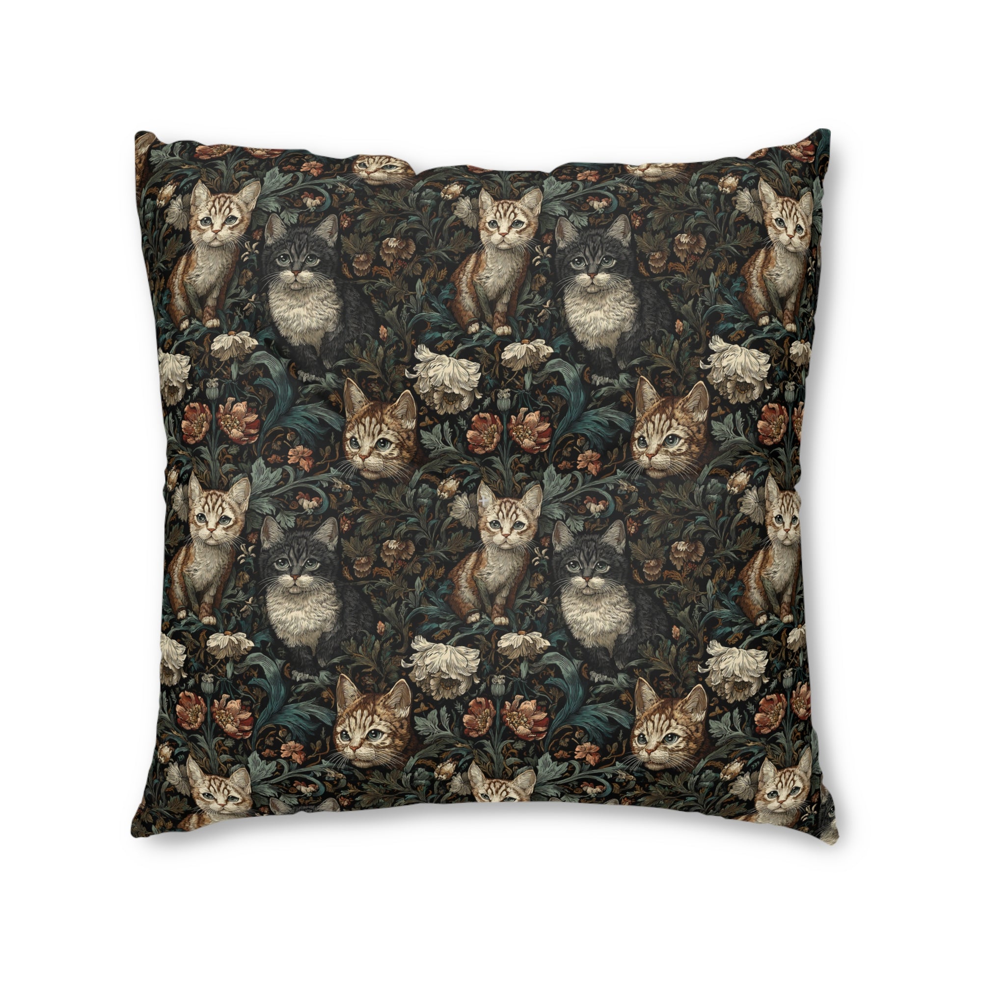 Indoor Square Floor Pillow - Brown Tabby Kittens Among Dark Green and Peach Floral Vines, Moody Vintage Style