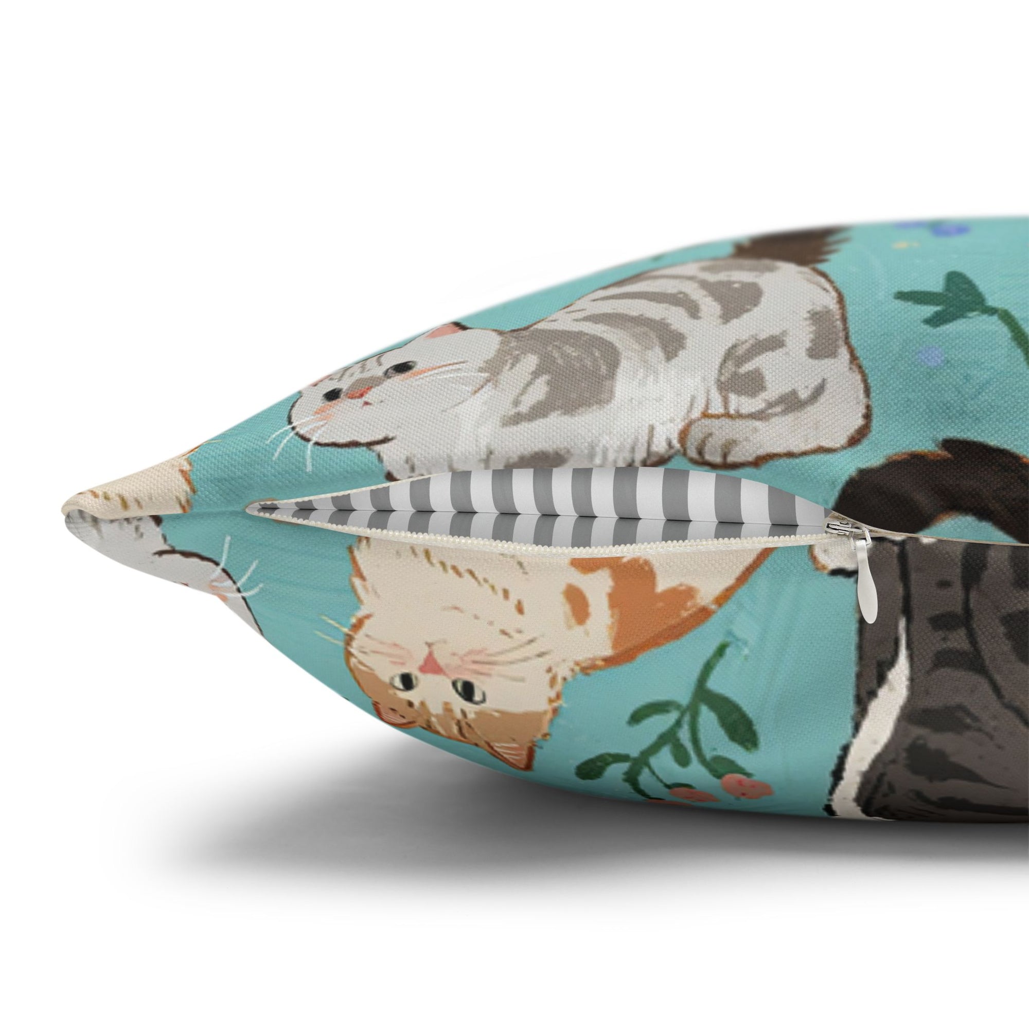 Square Pillowcase - A Delightful Assortment of Charming Cats in Diverse Poses and Breeds Scattered Across a Soft Blue Floral Background