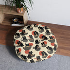 Indoor Round Floor Pillow - A whimsical and delightful hand-drawn style pattern of adorable black cats eating bowls of delicious ramen noodles with a large red sun in the background.
