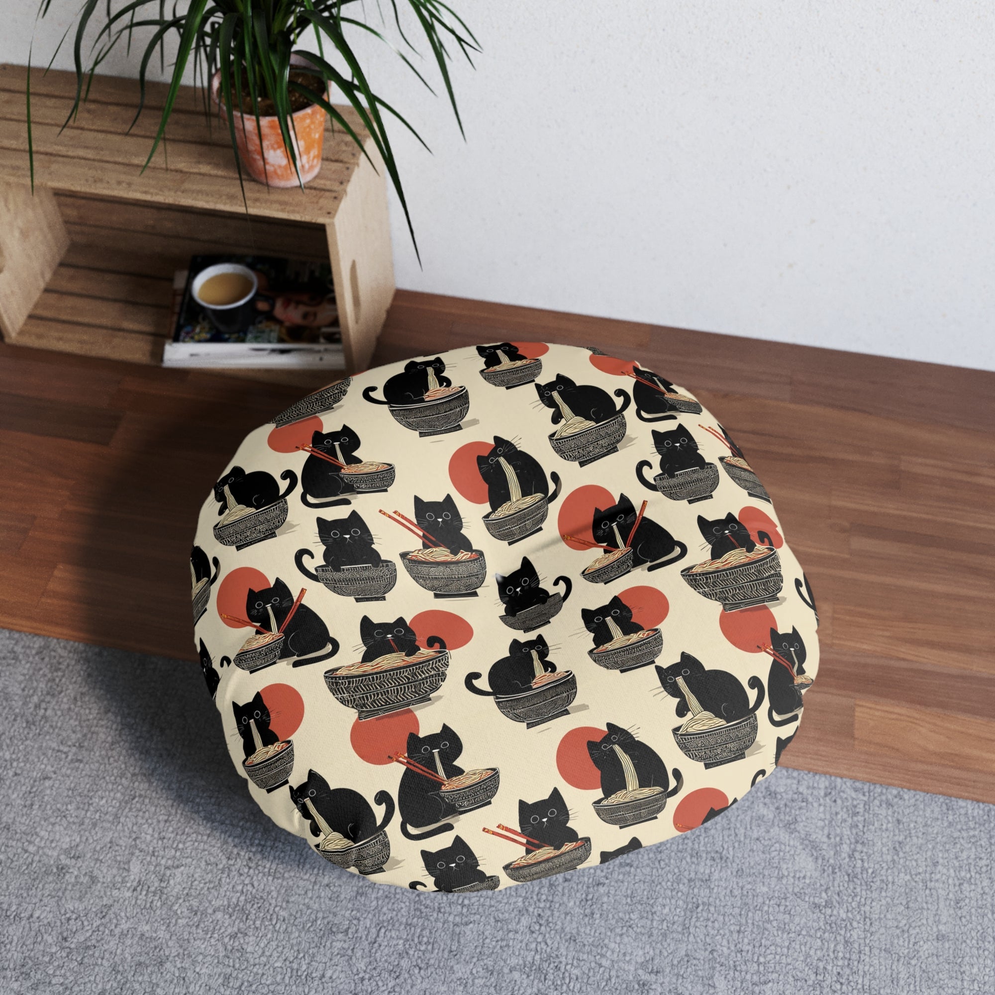 Indoor Round Floor Pillow - A whimsical and delightful hand-drawn style pattern of adorable black cats eating bowls of delicious ramen noodles with a large red sun in the background.