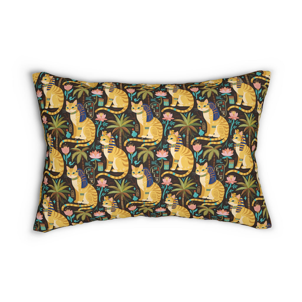 Indoor Lumbar Pillow - Golden Egyptian Cats with Pharaonic Headpieces Amidst Lush Palms and Lotus Flowers in an Exotic and Vibrant Scene