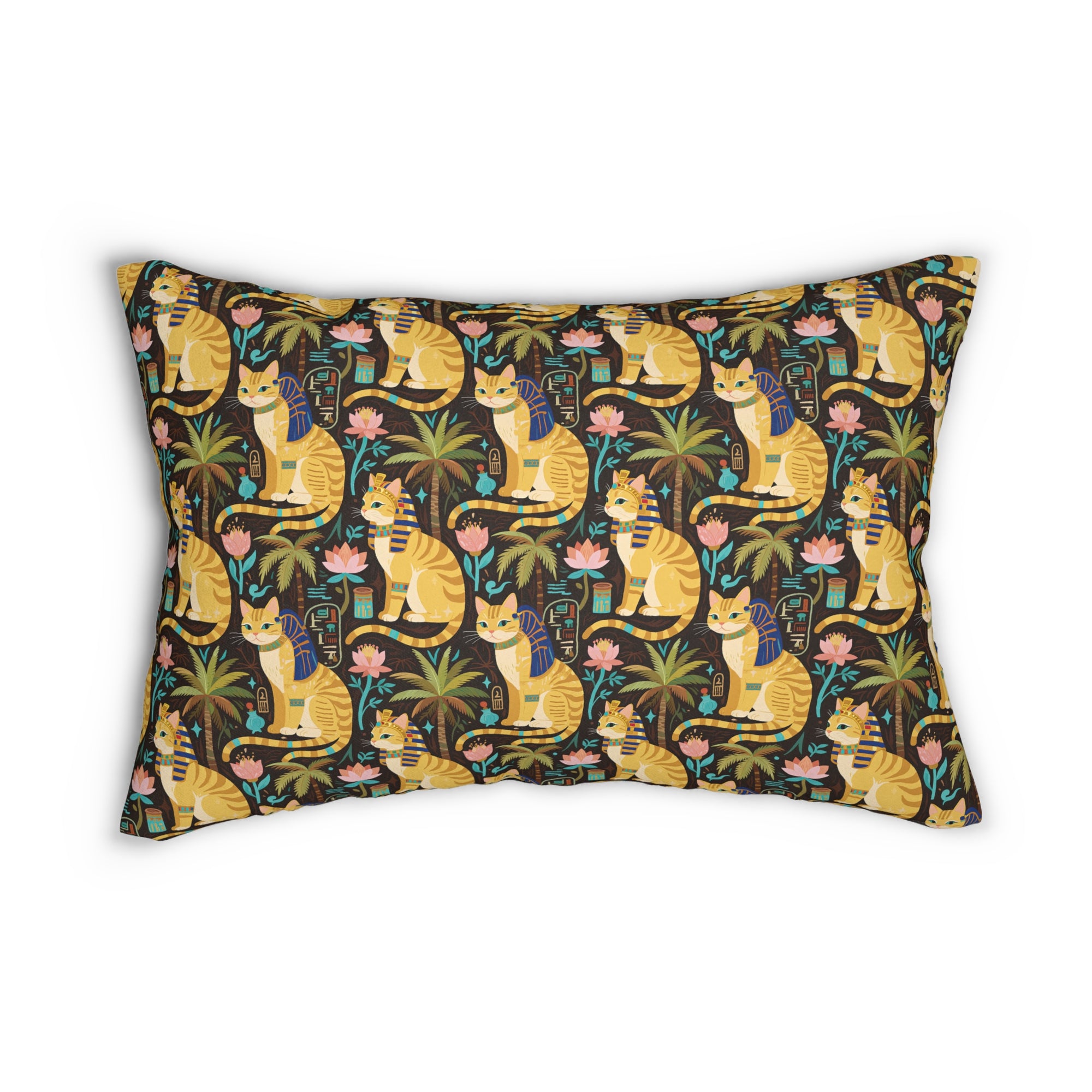 Indoor Lumbar Pillow - Golden Egyptian Cats with Pharaonic Headpieces Amidst Lush Palms and Lotus Flowers in an Exotic and Vibrant Scene