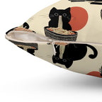 Indoor Square Pillow - A whimsical and delightful hand-drawn style pattern of adorable black cats eating bowls of delicious ramen noodles with a large red sun in the background.