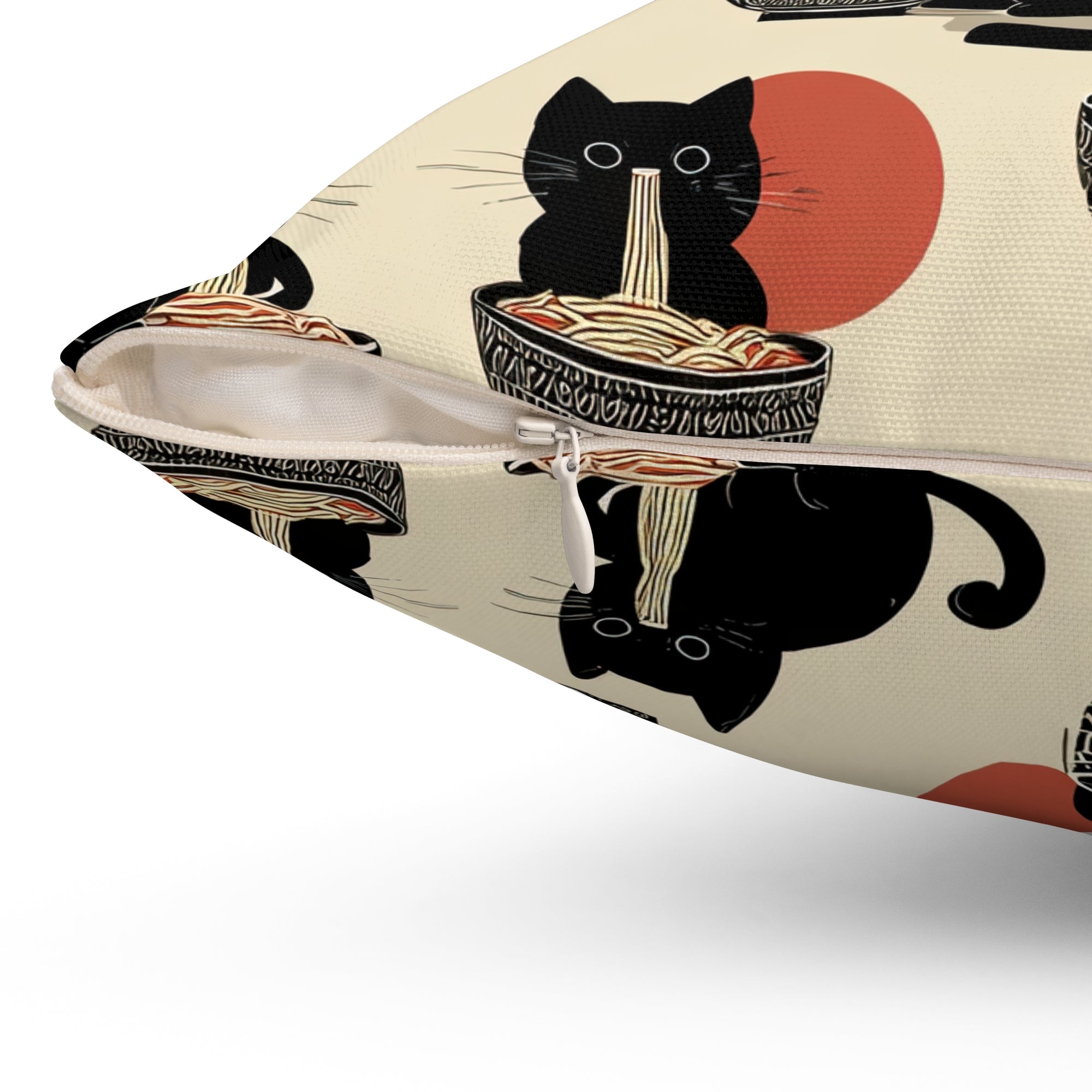Indoor Square Pillow - A whimsical and delightful hand-drawn style pattern of adorable black cats eating bowls of delicious ramen noodles with a large red sun in the background.