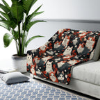 Sherpa Blanket - A detailed and ornate Victorian-style pattern featuring a tight grouping of fluffy cats of various colors surrounded by black and red flowers and leaves.