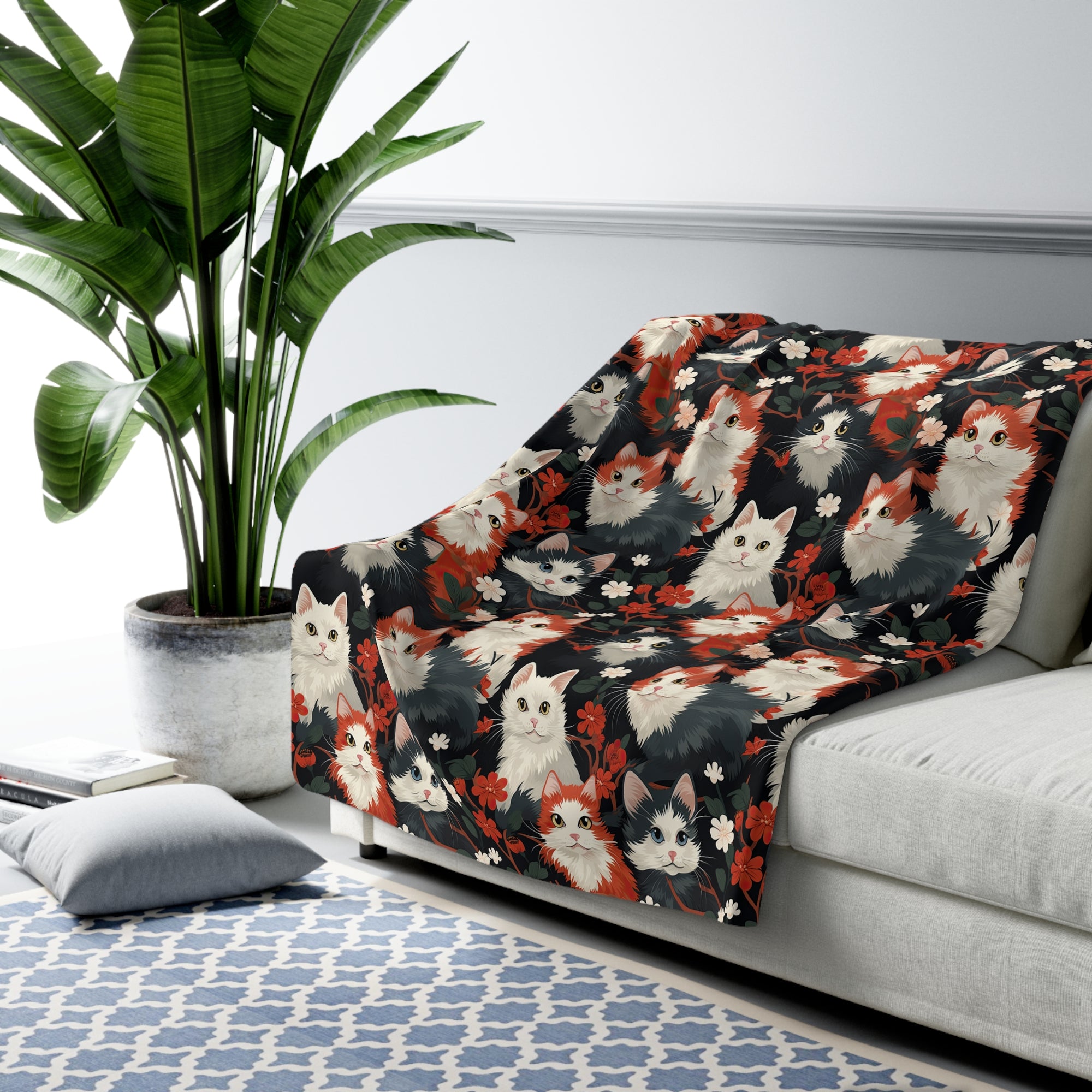 Sherpa Blanket - A detailed and ornate Victorian-style pattern featuring a tight grouping of fluffy cats of various colors surrounded by black and red flowers and leaves.