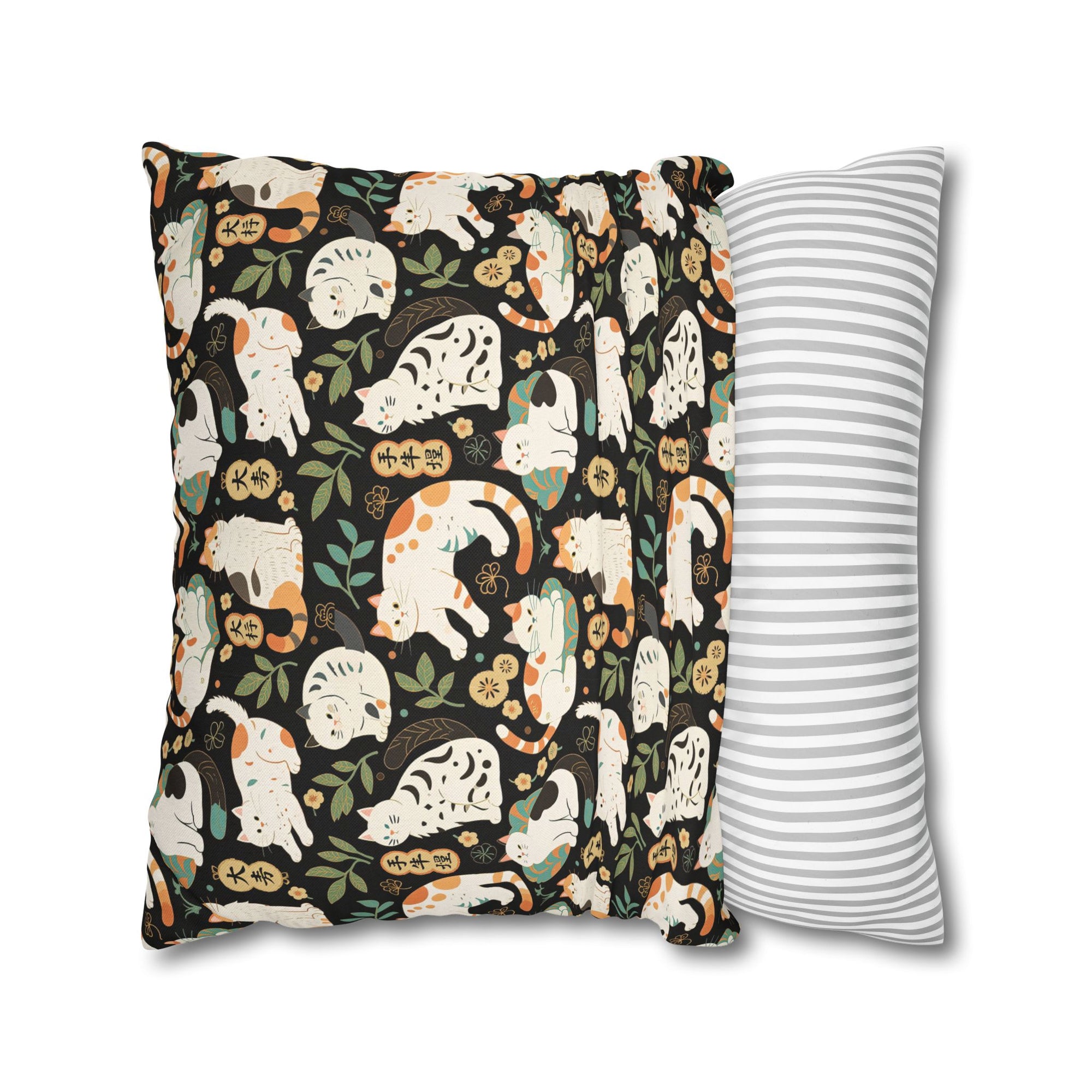 Square Pillowcase - Traditional Japanese Maneki-Neko Cats and Auspicious Symbols Grace a Dark Background in this Fortunate Pattern