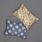 Indoor Lumbar Pillow - Adorable ginger cat with bright green eyes, sparkling gold yarn and paw prints, classic tabby cat illustration, cream background, cute and charming pet themed art