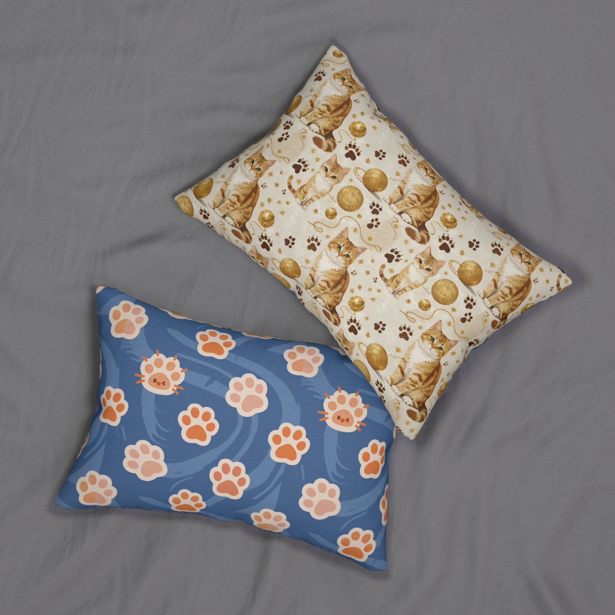 Indoor Lumbar Pillow - Adorable ginger cat with bright green eyes, sparkling gold yarn and paw prints, classic tabby cat illustration, cream background, cute and charming pet themed art