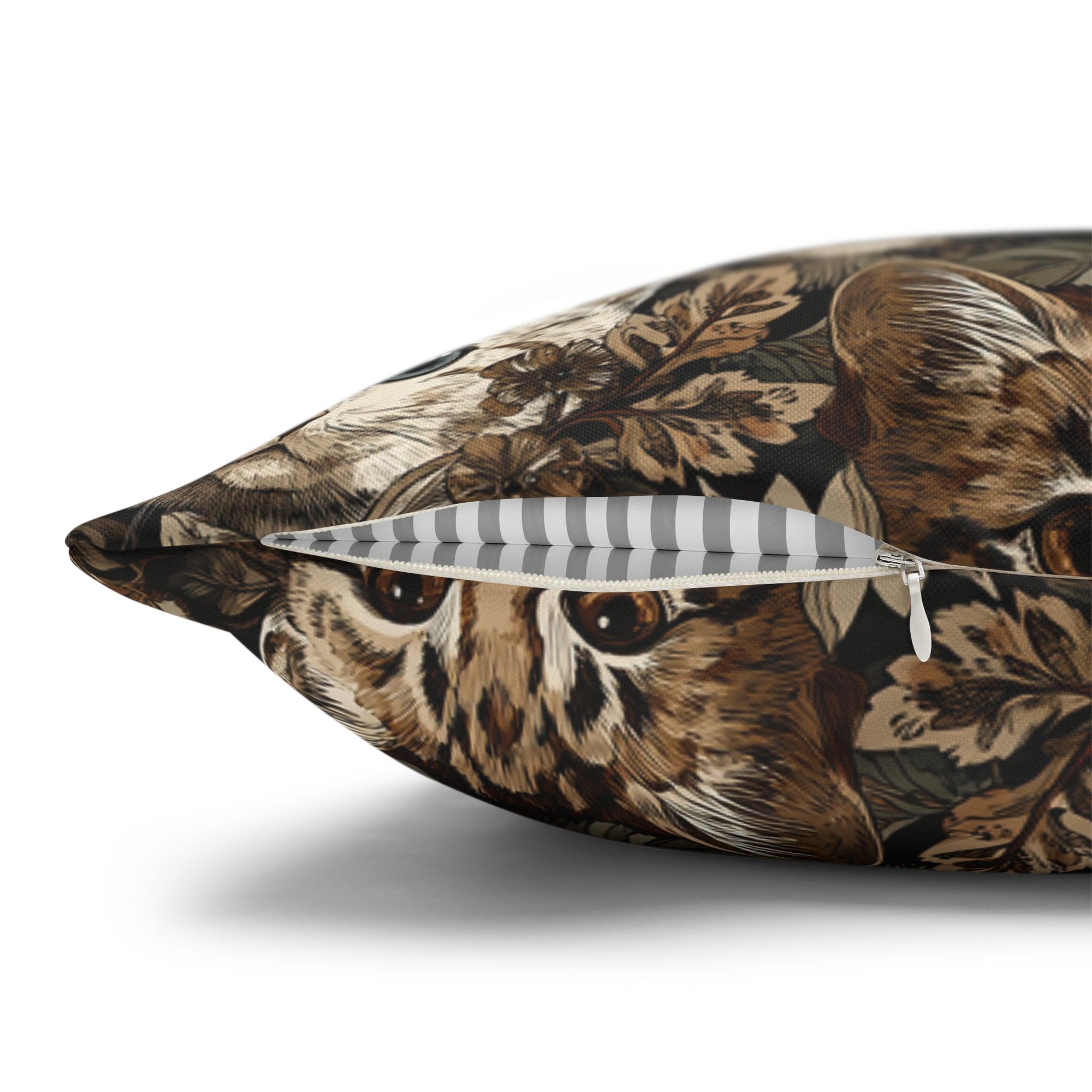 Square Pillowcase - An intricate and detailed vintage illustration featuring a close-up of various fluffy cats with bright eyes amidst lush, ornate floral foliage in sepia tones.