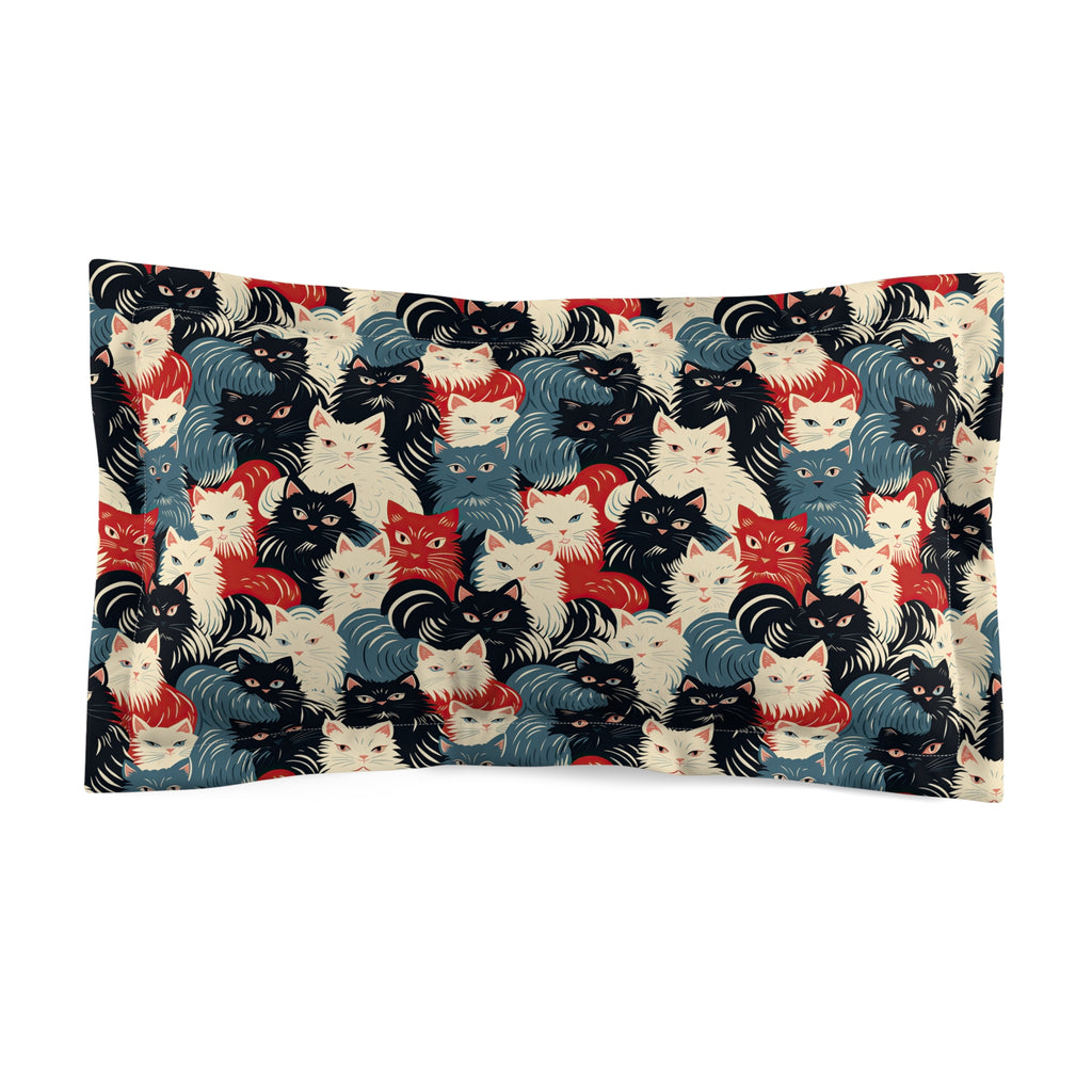 Pillow Sham - A bold and graphic pop art style illustration featuring a tight-knit cluster of various fluffy felines in black, white, red, and blue.