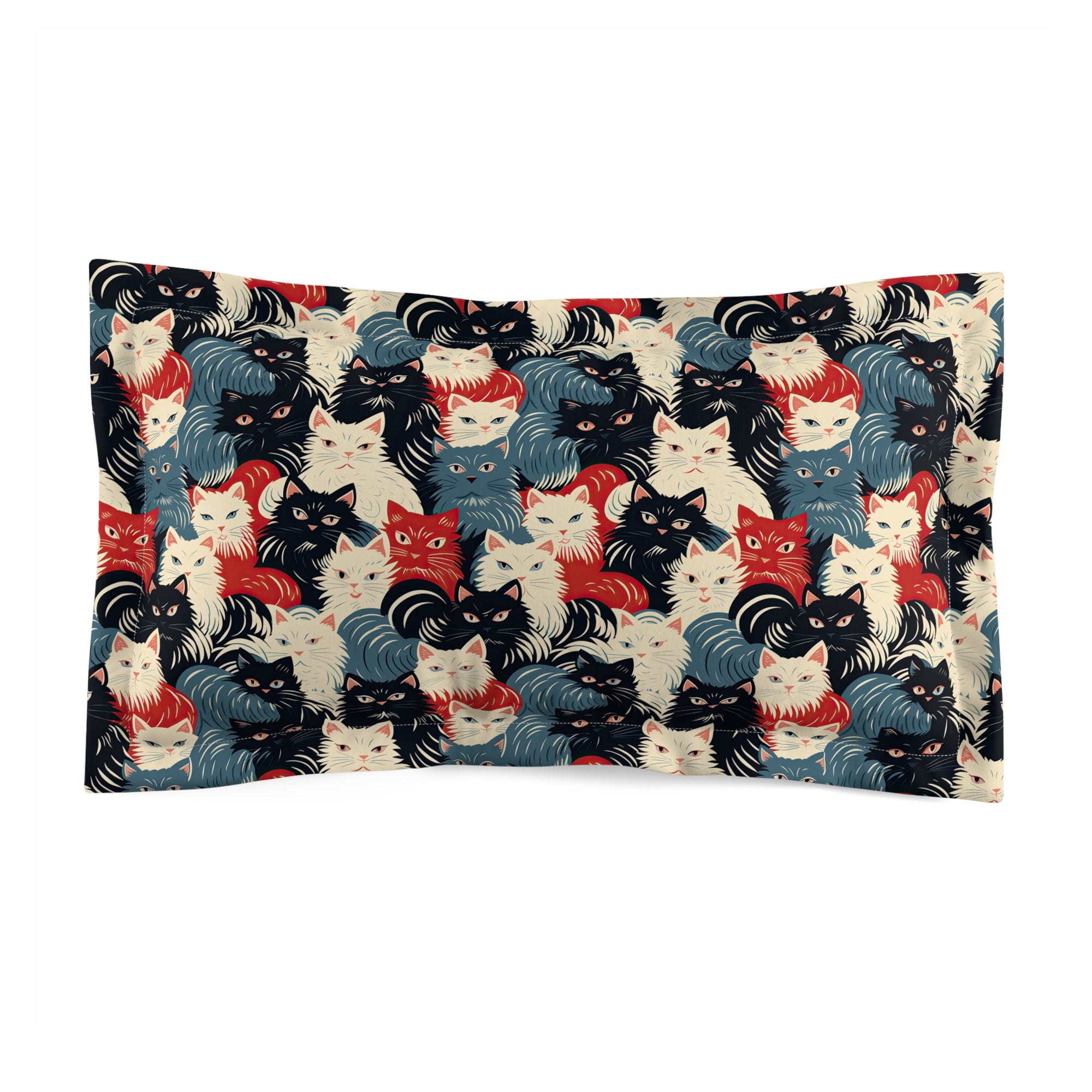 Pillow Sham - A bold and graphic pop art style illustration featuring a tight-knit cluster of various fluffy felines in black, white, red, and blue.