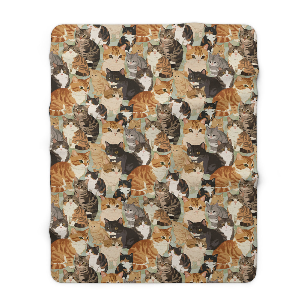 Sherpa Blanket - A Densely Packed Gathering of Adorable Felines Featuring a Wide Range of Breeds and Playful Expressions in Close Proximity