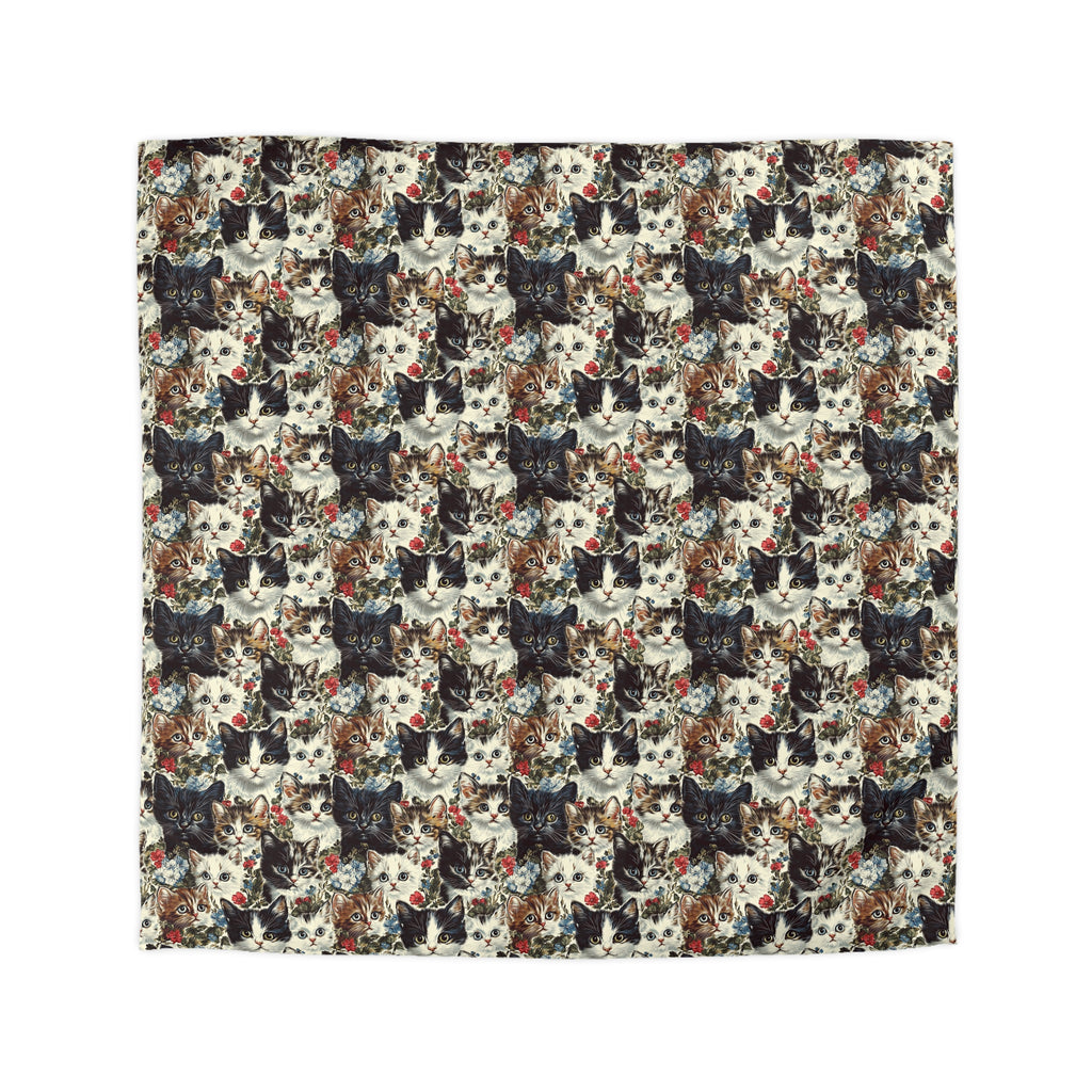 Duvet Cover - Colorful Kitten Faces with Red and Blue Flowers, Whimsical and Bright, Pattern Design