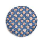 Indoor Round Floor Pillow - A bold and graphic pop art style illustration featuring a tight-knit cluster of various fluffy felines in black, white, red, and blue.