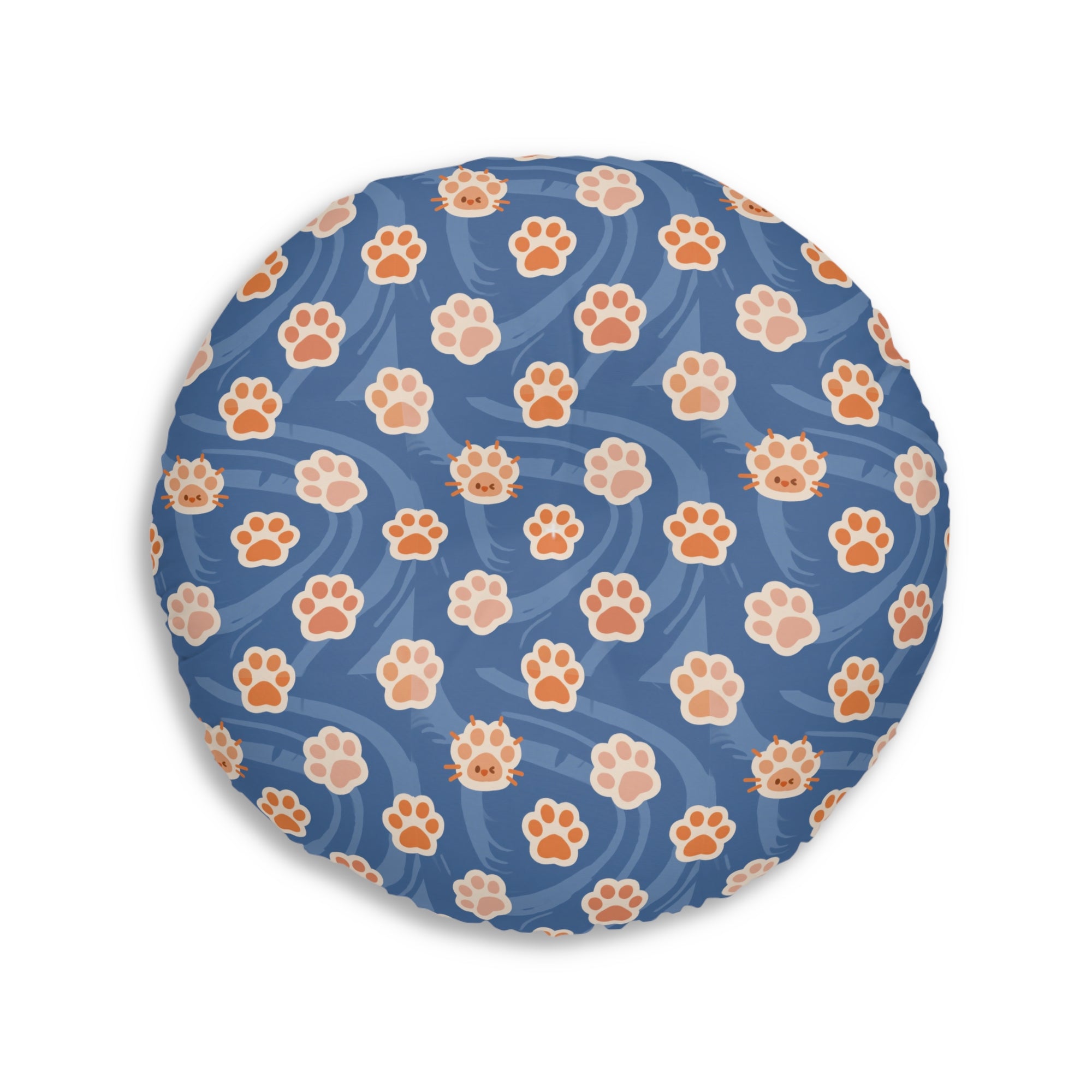 Indoor Round Floor Pillow - A bold and graphic pop art style illustration featuring a tight-knit cluster of various fluffy felines in black, white, red, and blue.