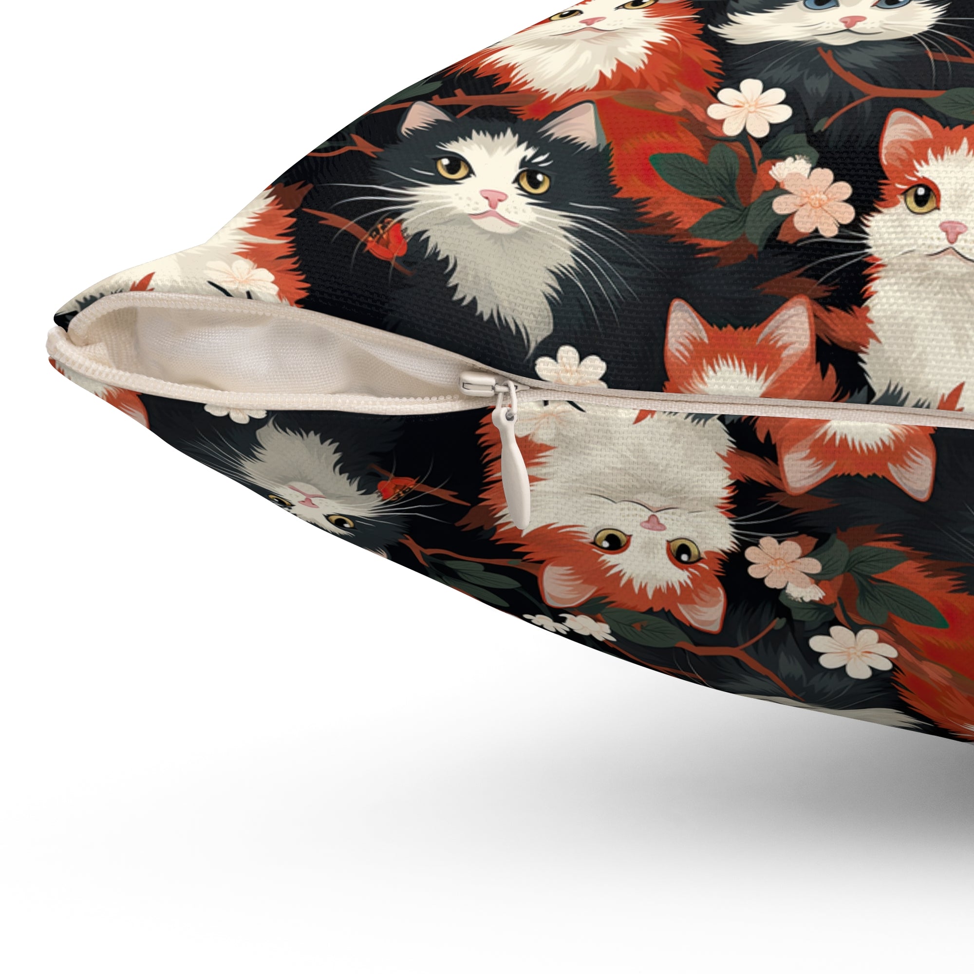 Indoor Square Pillow - A detailed and ornate Victorian-style pattern featuring a tight grouping of fluffy cats of various colors surrounded by black and red flowers and leaves.