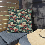 Outdoor Pillow - A dramatic and powerful Japanese woodblock print-style illustration of cats amidst powerful waves, red flowers, and white cherry blossoms.