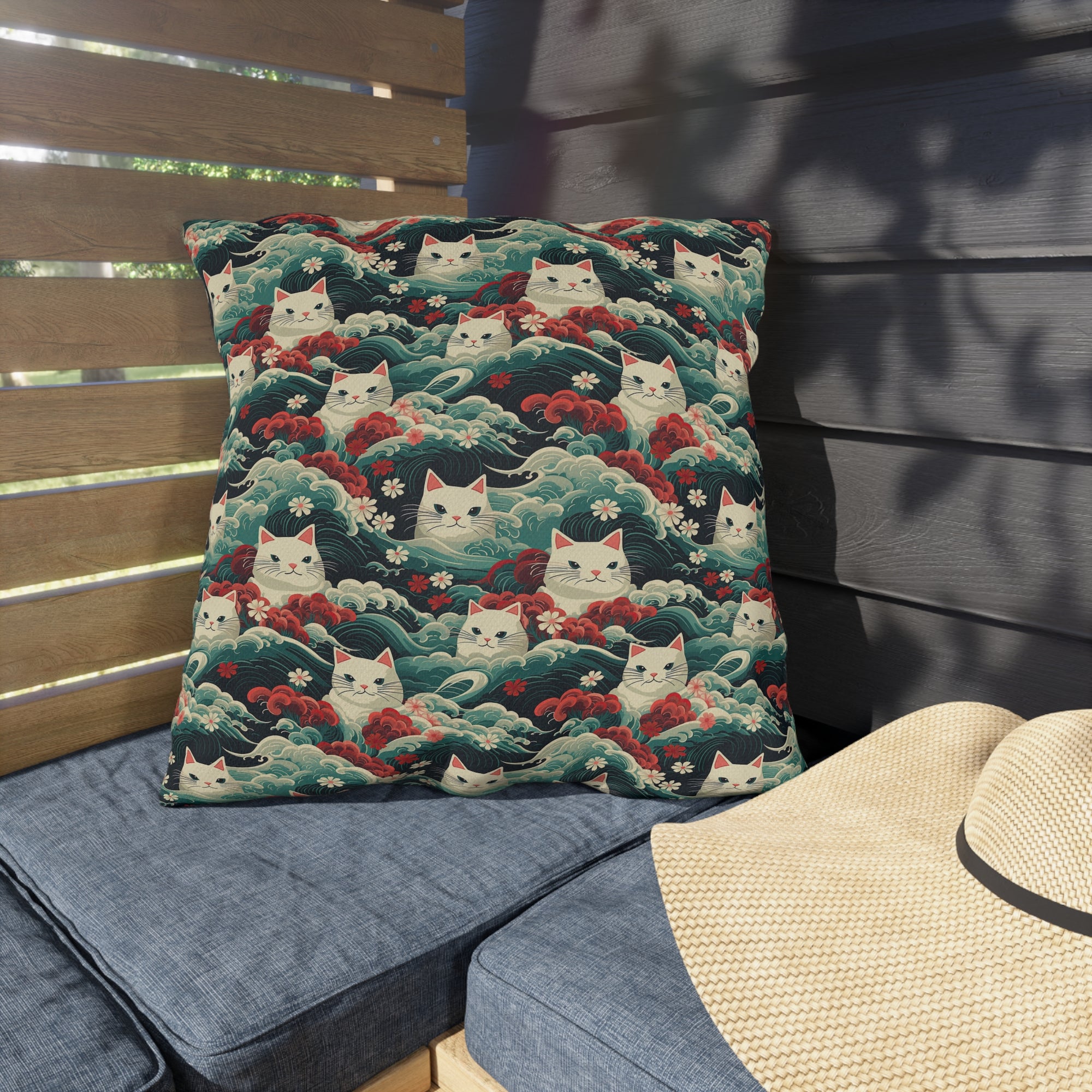 Outdoor Pillow - A dramatic and powerful Japanese woodblock print-style illustration of cats amidst powerful waves, red flowers, and white cherry blossoms.