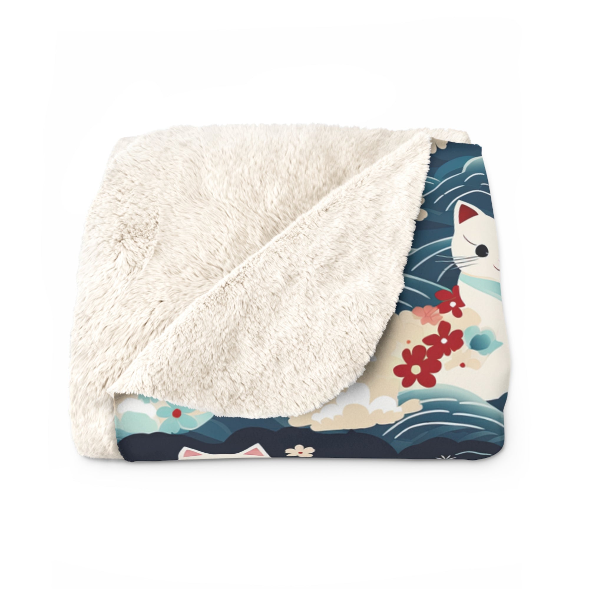 Sherpa Blanket - A lovely, playful, Japanese-inspired illustration of sweet white cats sitting on rolling blue waves with red and white flowers and gentle clouds.