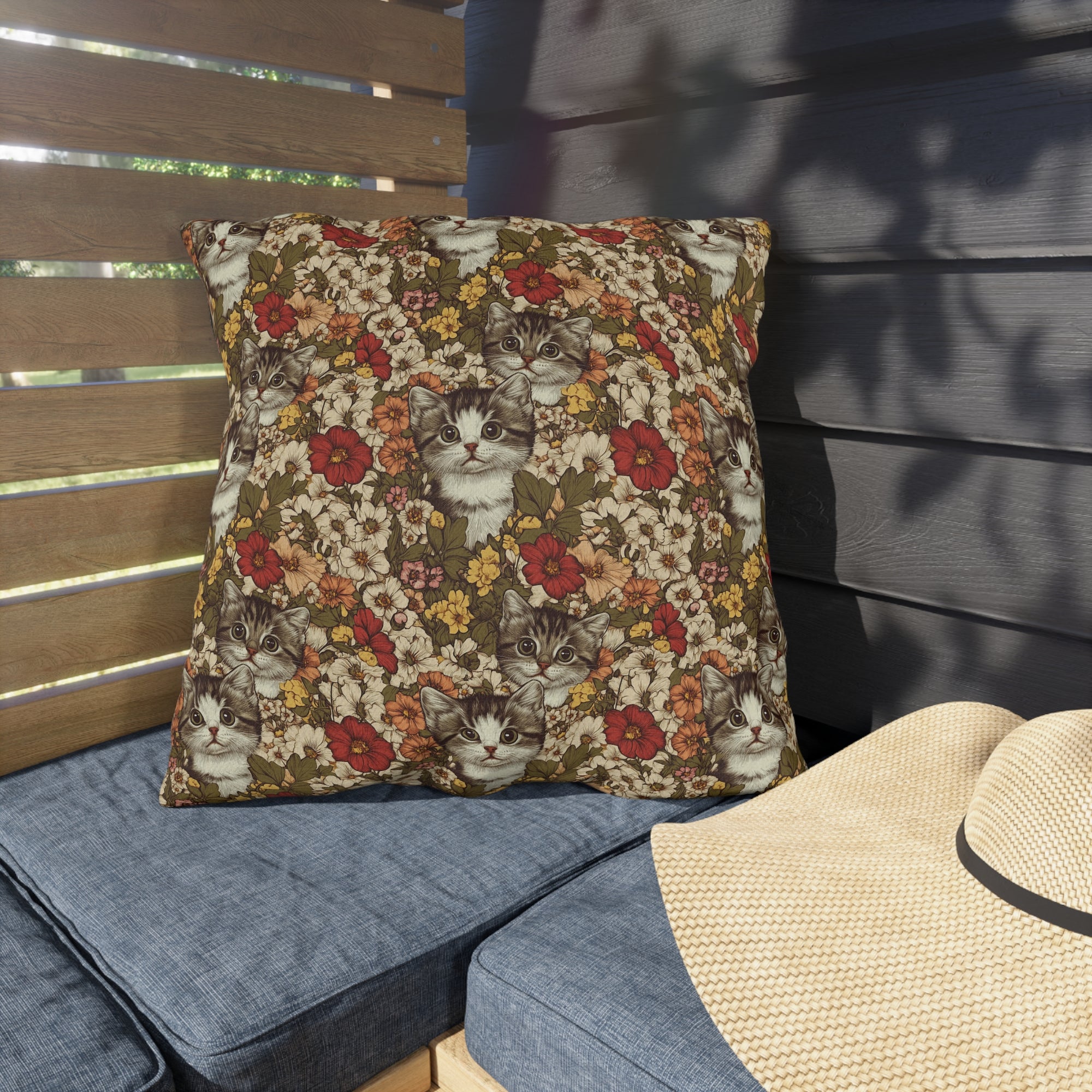 Outdoor Pillow - Grey Tabby Kittens in a Garden of Red, Peach, and Yellow Flowers, Soft Vintage Style