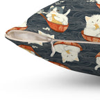 Indoor Square Pillow - An adorable and cute pattern of baby cats happily eating steaming ramen noodles from traditional red and white bowls with beautiful white floral elements surrounding them.