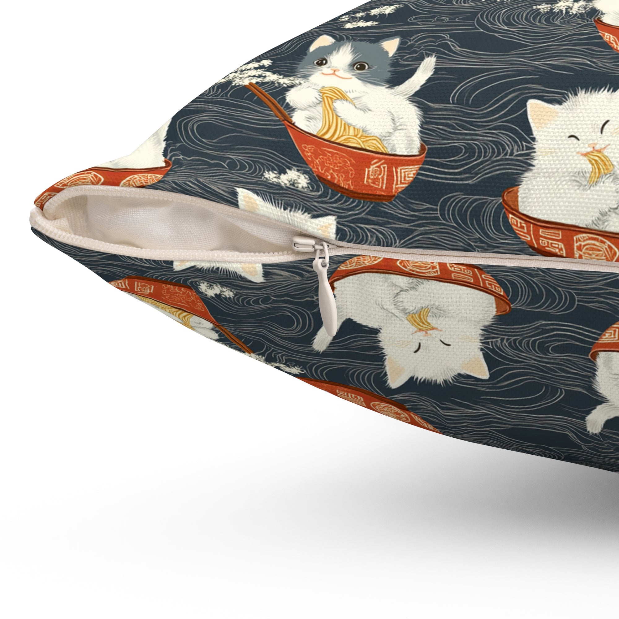 Indoor Square Pillow - An adorable and cute pattern of baby cats happily eating steaming ramen noodles from traditional red and white bowls with beautiful white floral elements surrounding them.