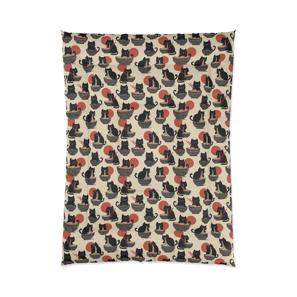 Comforter - A whimsical and delightful hand-drawn style pattern of adorable black cats eating bowls of delicious ramen noodles with a large red sun in the background.