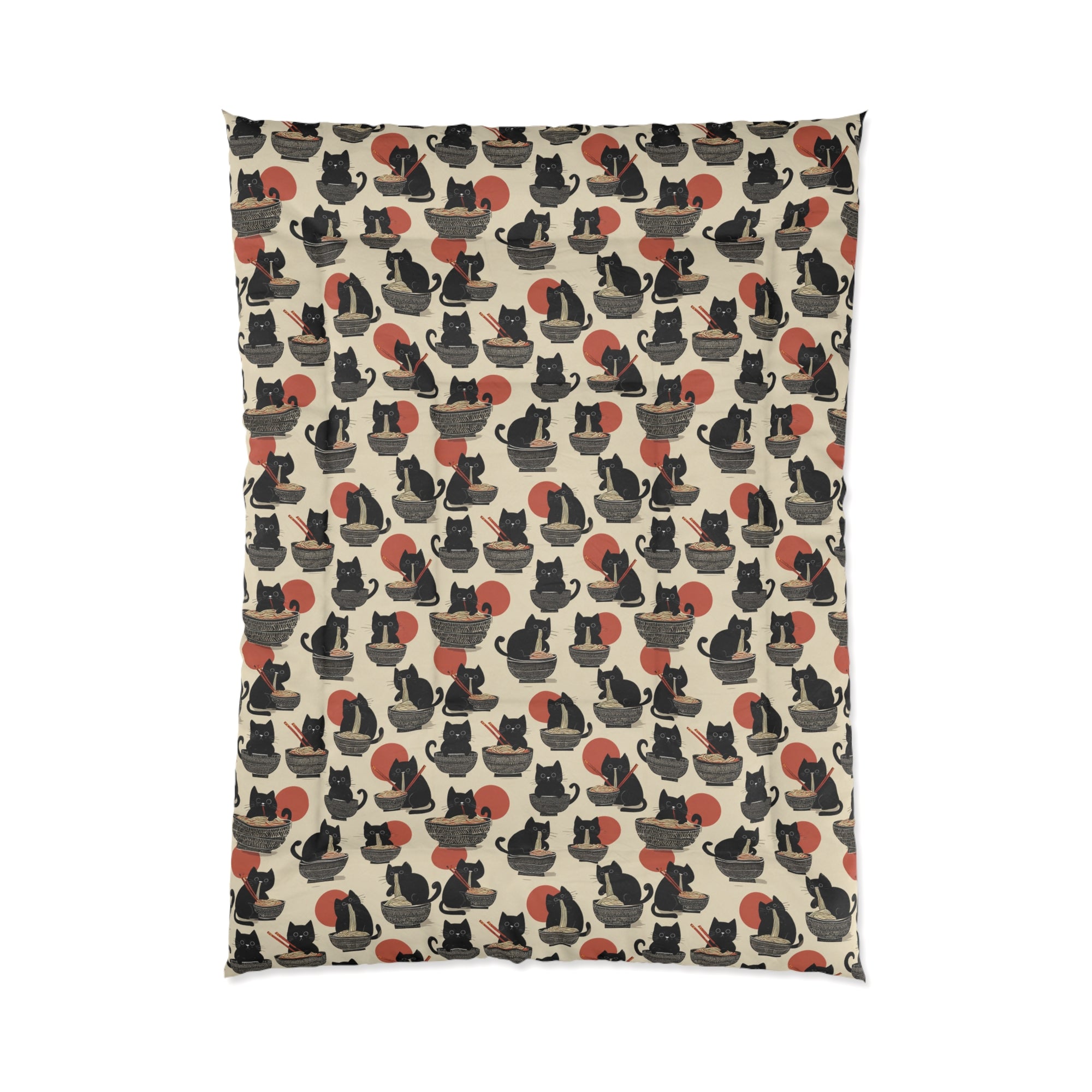 Comforter - A whimsical and delightful hand-drawn style pattern of adorable black cats eating bowls of delicious ramen noodles with a large red sun in the background.