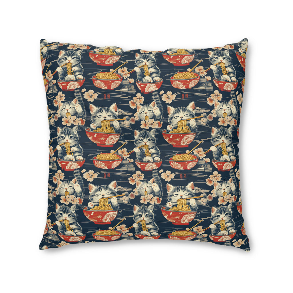 Indoor Square Floor Pillow - A charming and detailed illustration of happy kittens in red ramen bowls eating their noodles with chopsticks among beautiful pink cherry blossoms on a dark background.