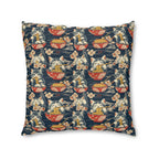 Indoor Square Floor Pillow - A charming and detailed illustration of happy kittens in red ramen bowls eating their noodles with chopsticks among beautiful pink cherry blossoms on a dark background.