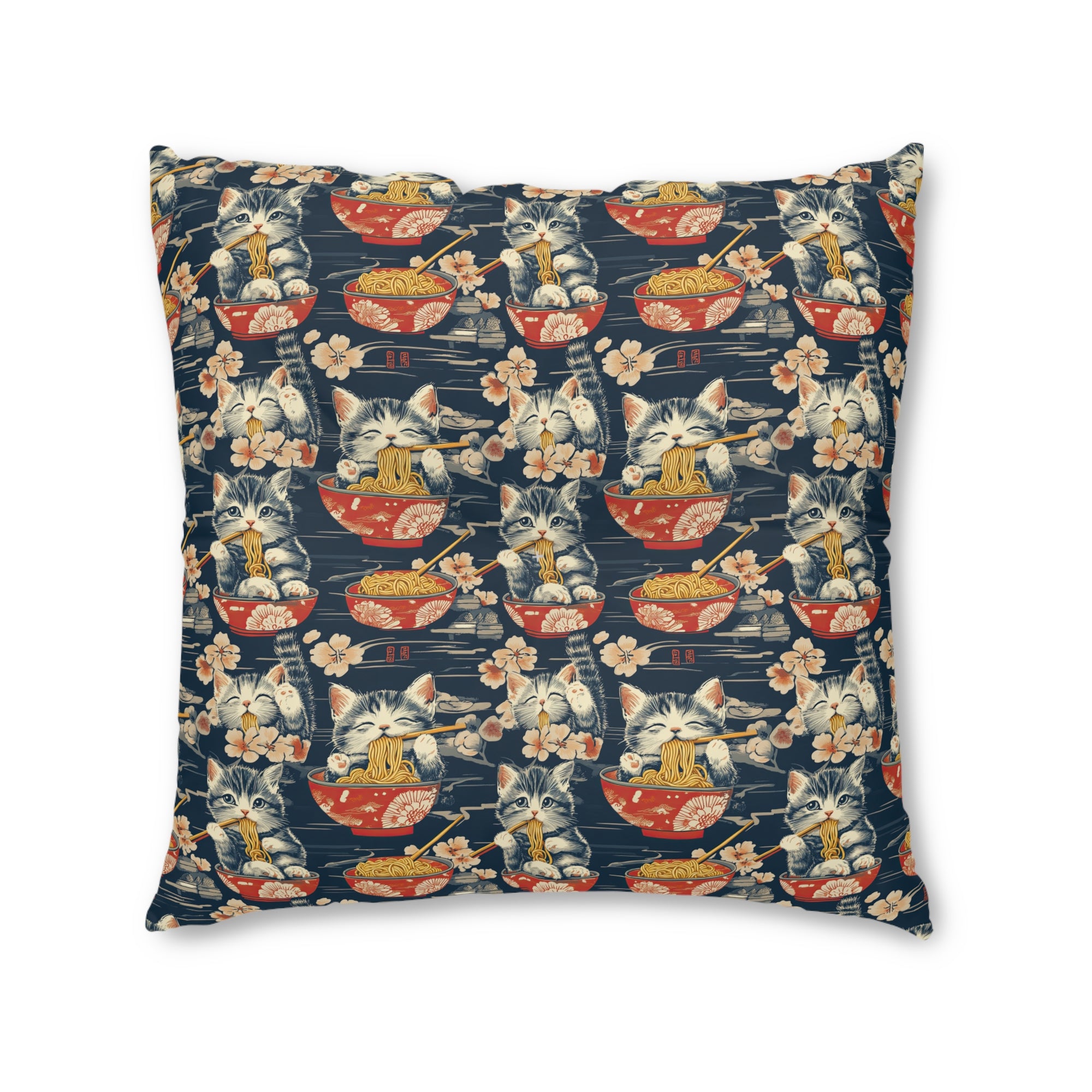 Indoor Square Floor Pillow - A charming and detailed illustration of happy kittens in red ramen bowls eating their noodles with chopsticks among beautiful pink cherry blossoms on a dark background.