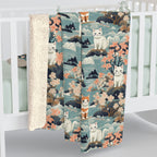 Sherpa Blanket - A serene watercolor painting of fluffy cats lounging on rocks, surrounded by cherry blossoms and blue water, in a tranquil, nature-filled, Japanese-inspired landscape.
