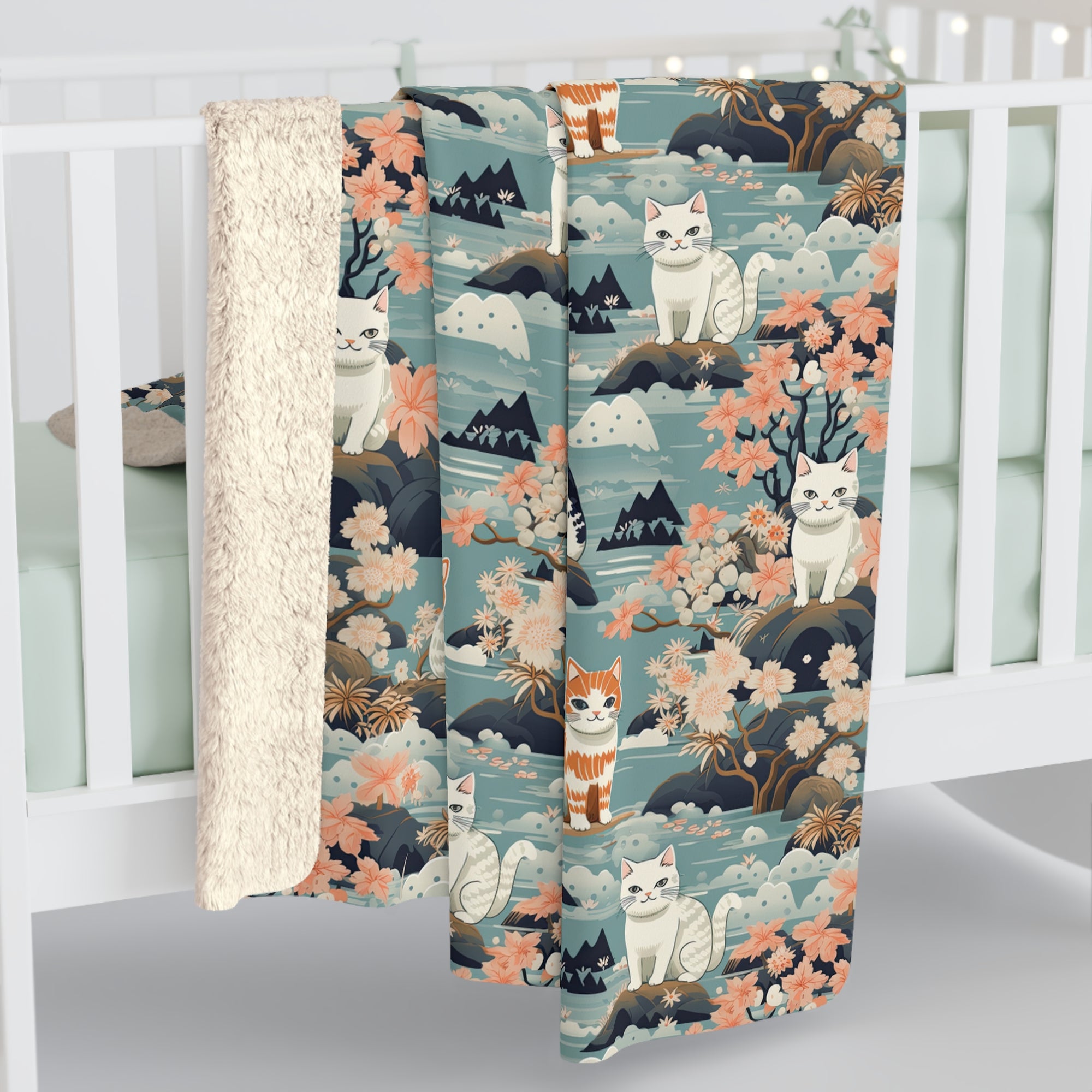 Sherpa Blanket - A serene watercolor painting of fluffy cats lounging on rocks, surrounded by cherry blossoms and blue water, in a tranquil, nature-filled, Japanese-inspired landscape.