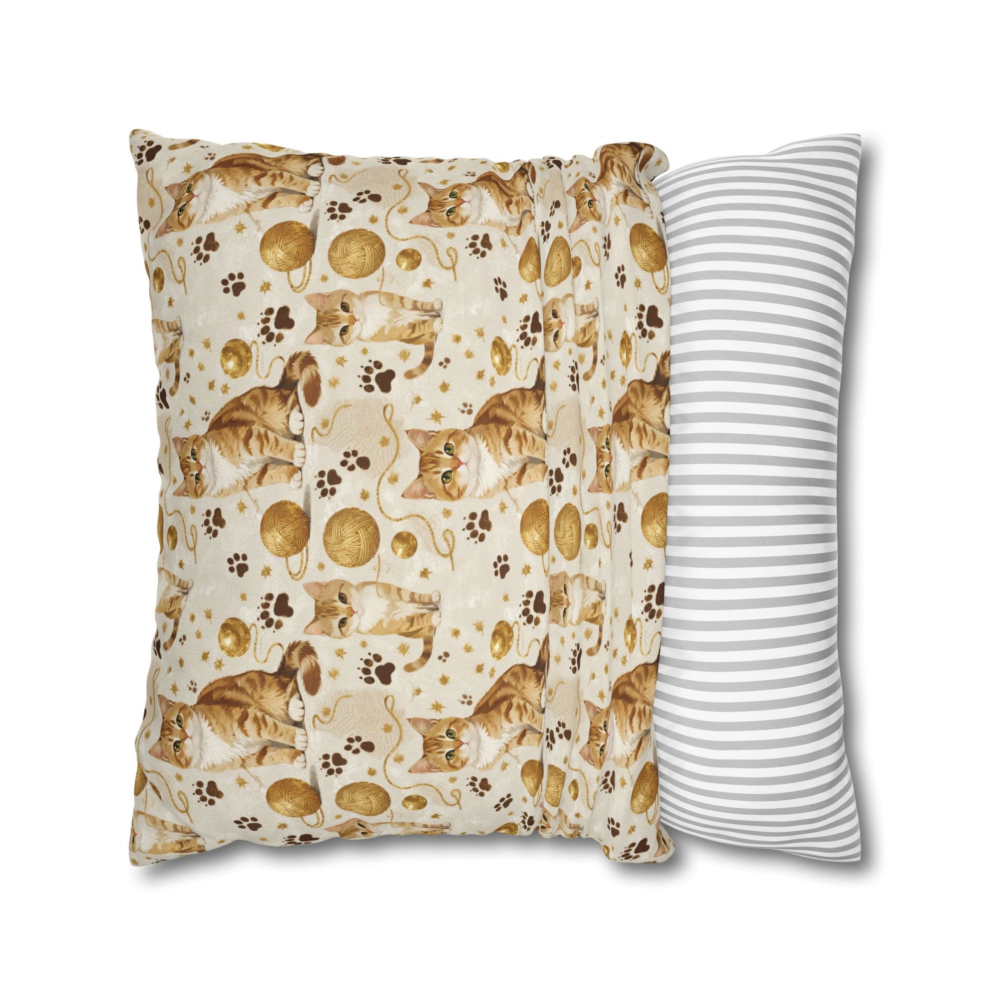 Square Pillowcase - Adorable ginger cat with bright green eyes, sparkling gold yarn and paw prints, classic tabby cat illustration, cream background, cute and charming pet themed art