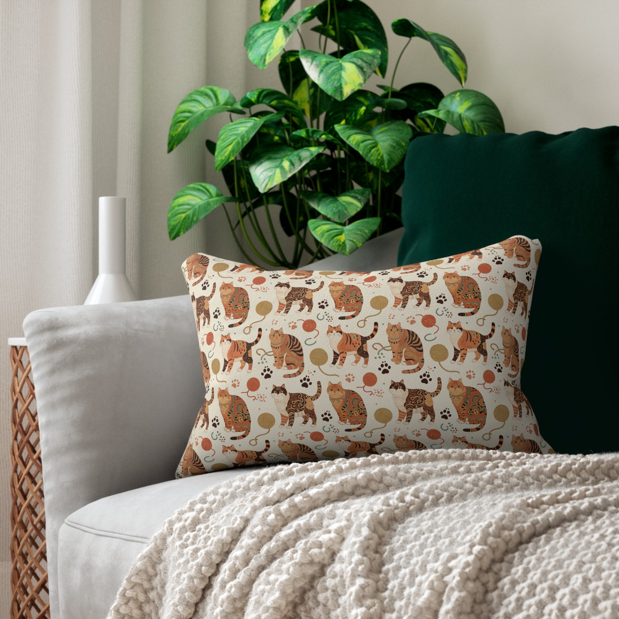 Indoor Lumbar Pillow - Artistic patterned cats in warm earth tones, unique tribal and folk art designs, playful felines with yarn and paw prints, bohemian animal print, cream background, creative cat art