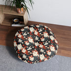 Indoor Round Floor Pillow - A detailed and ornate Victorian-style pattern featuring a tight grouping of fluffy cats of various colors surrounded by black and red flowers and leaves.