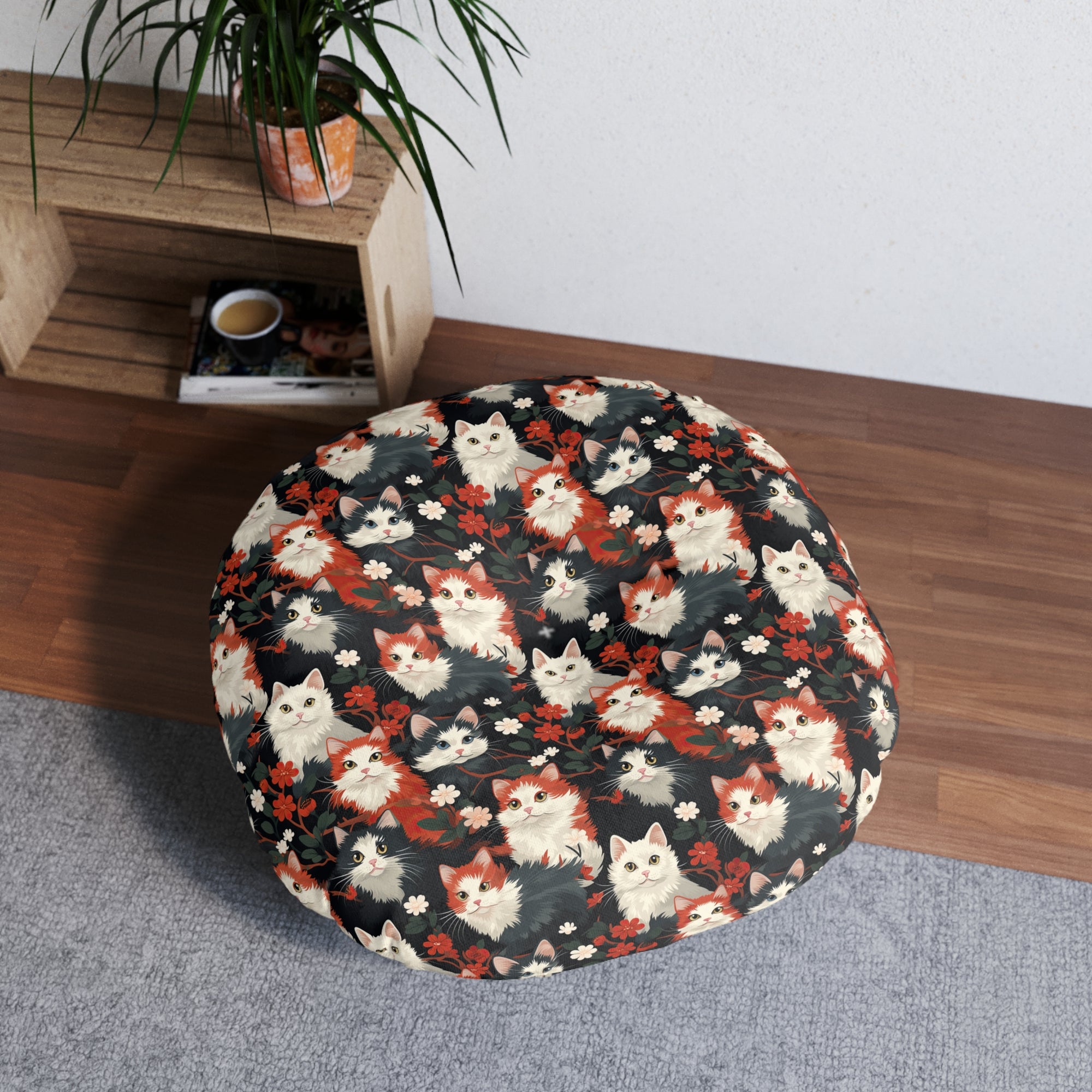 Indoor Round Floor Pillow - A detailed and ornate Victorian-style pattern featuring a tight grouping of fluffy cats of various colors surrounded by black and red flowers and leaves.
