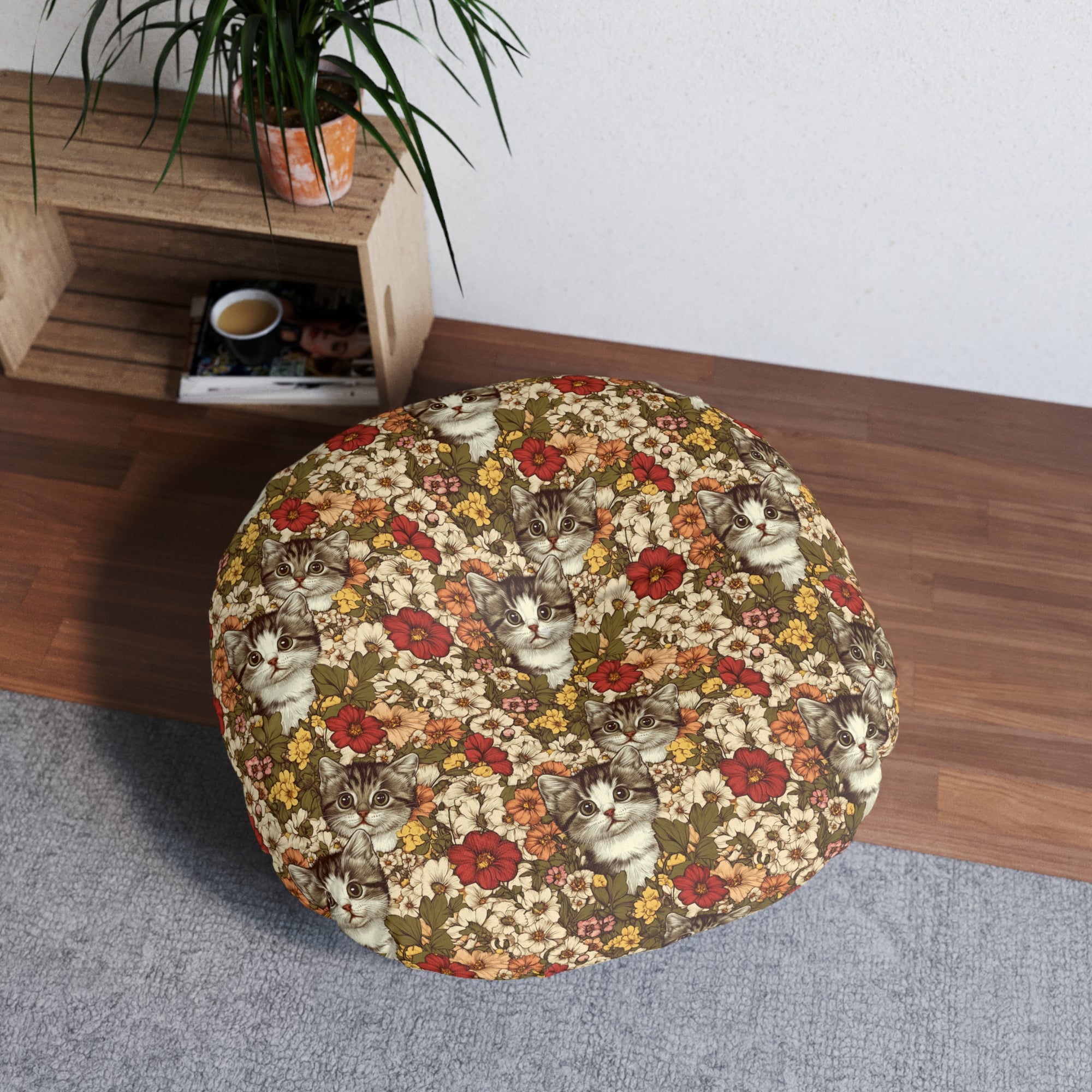 Indoor Round Floor Pillow - Grey Tabby Kittens in a Garden of Red, Peach, and Yellow Flowers, Soft Vintage Style