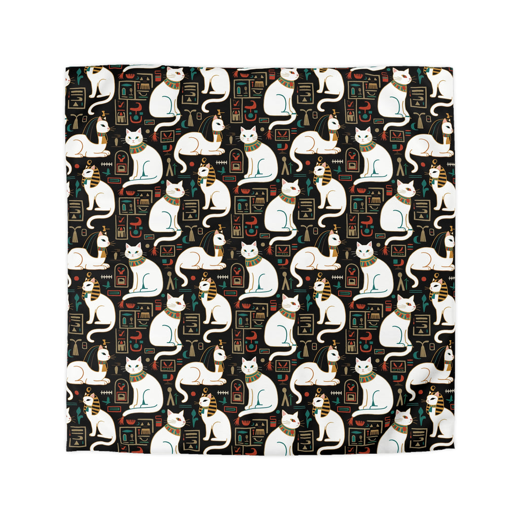 Duvet Cover - Regal White Egyptian Cats with Ornate Collars and Ancient Symbols Adorn this Historically Inspired and Mystical Pattern