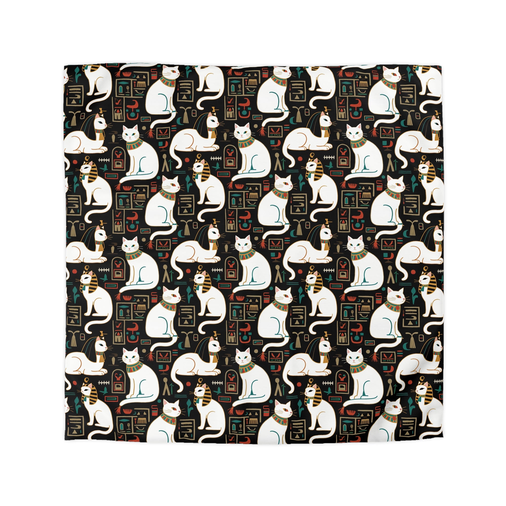 Duvet Cover - Regal White Egyptian Cats with Ornate Collars and Ancient Symbols Adorn this Historically Inspired and Mystical Pattern