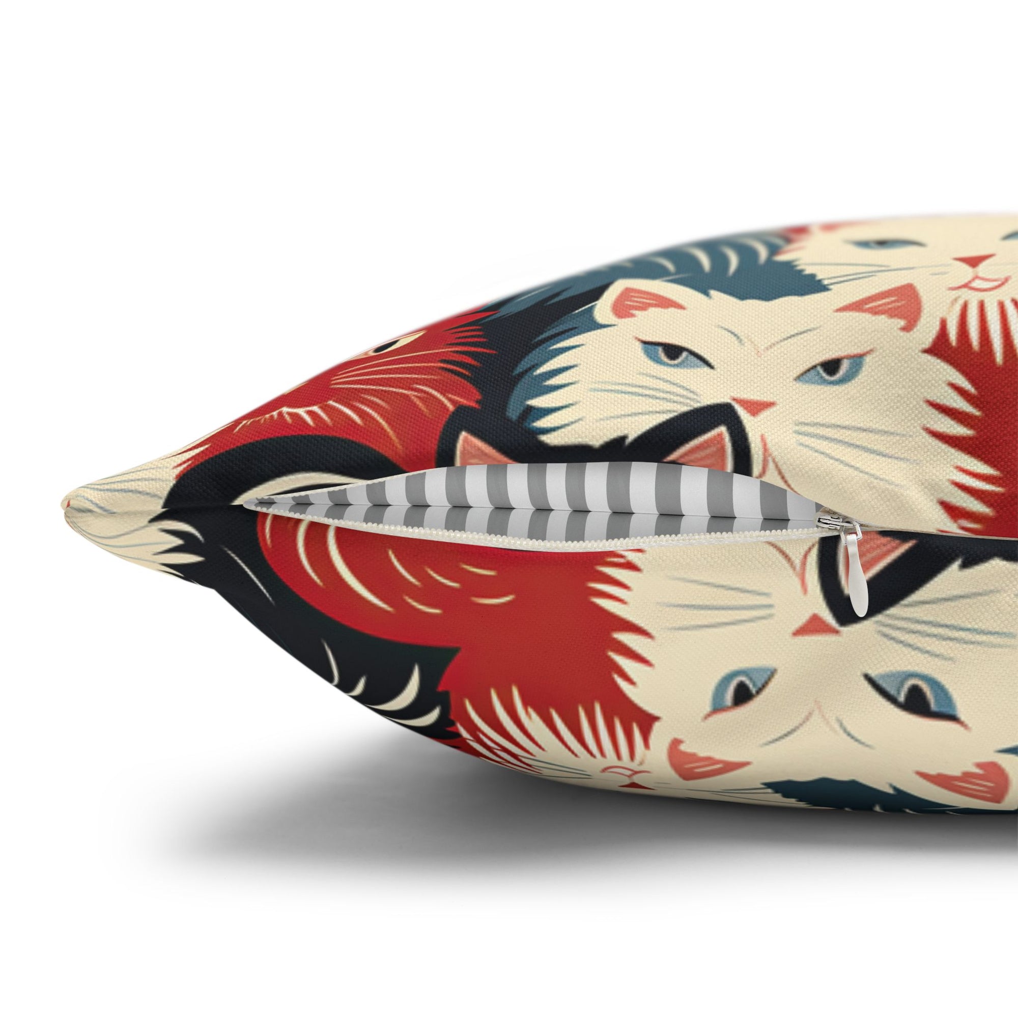Square Pillowcase - A bold and graphic pop art style illustration featuring a tight-knit cluster of various fluffy felines in black, white, red, and blue.