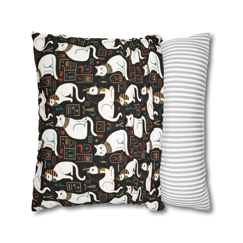 Square Pillowcase - Regal White Egyptian Cats with Ornate Collars and Ancient Symbols Adorn this Historically Inspired and Mystical Pattern
